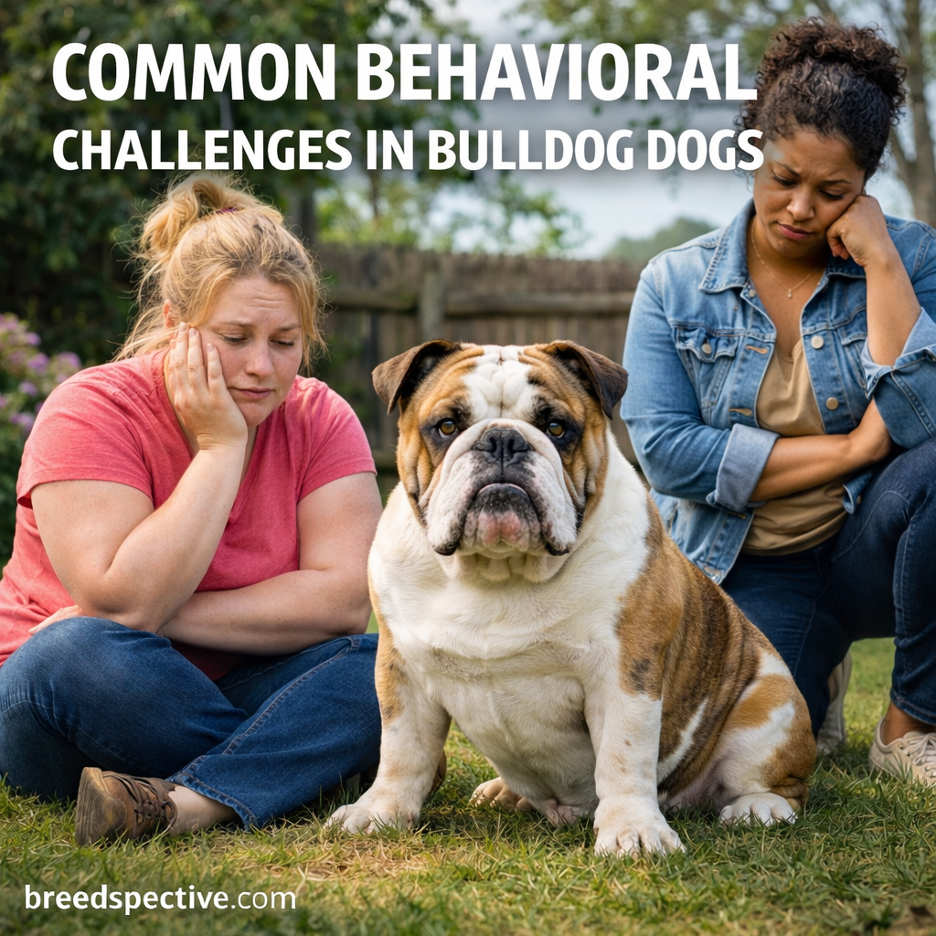 Bulldog sitting with two people illustrating common behavioral challenges in the breed.
