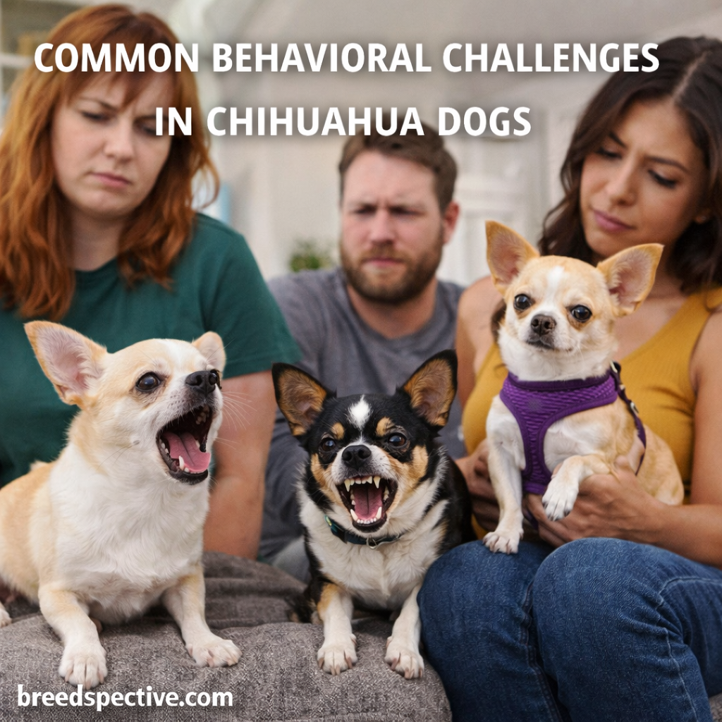 Chihuahuas displaying barking and reactive behavior with owners present, illustrating common behavioral challenges in the breed.