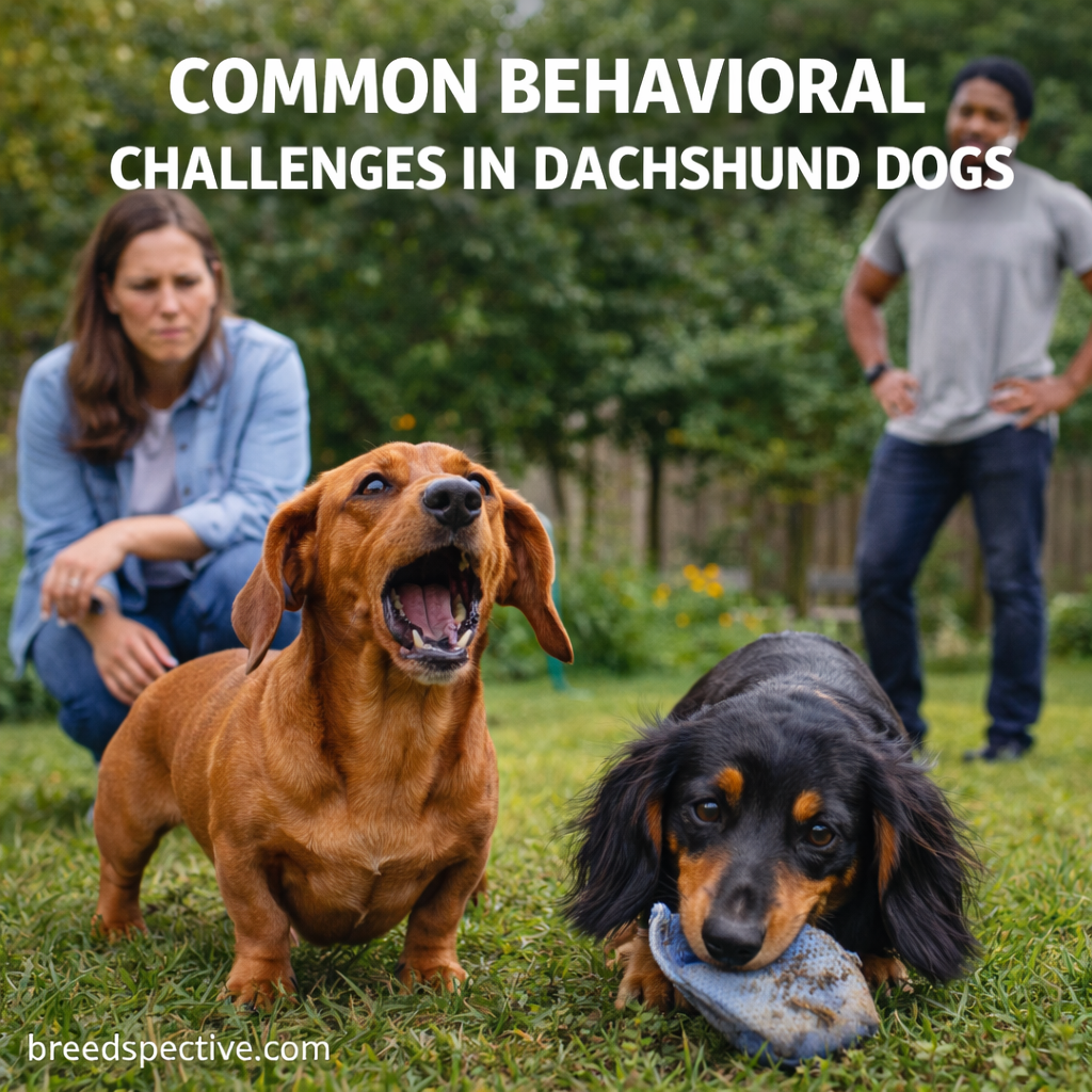 Dachshund dogs displaying common behavioral challenges such as barking and chewing while owners observe in an outdoor setting.
