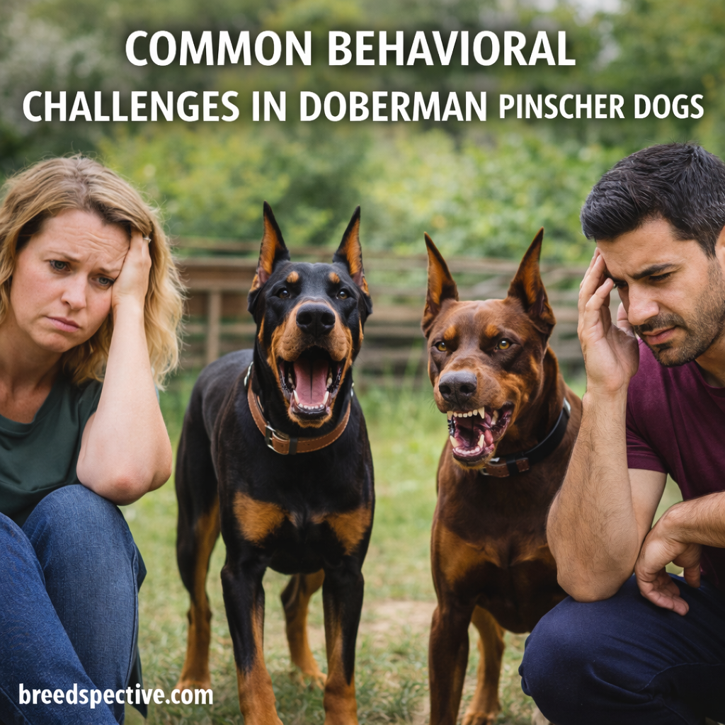 Doberman Pinschers with owners showing stress and behavioral challenges such as barking, reactivity, and anxiety.