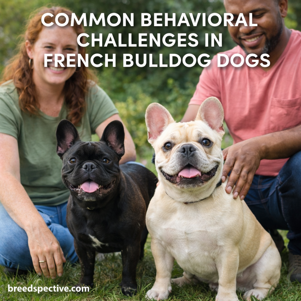French Bulldogs with owners outdoors, illustrating common behavioral challenges and temperament traits in the breed.