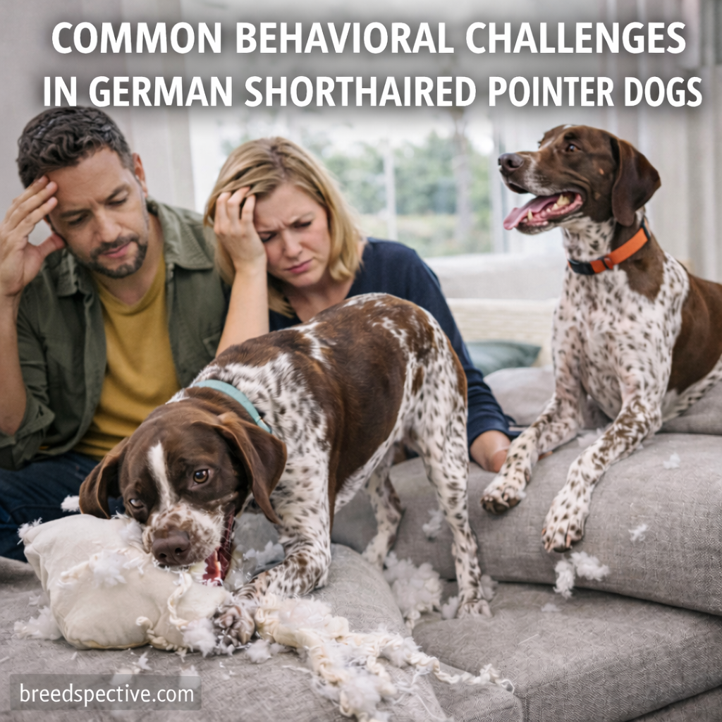German Shorthaired Pointers displaying destructive indoor behavior while owners react, illustrating common behavioral challenges in the breed.