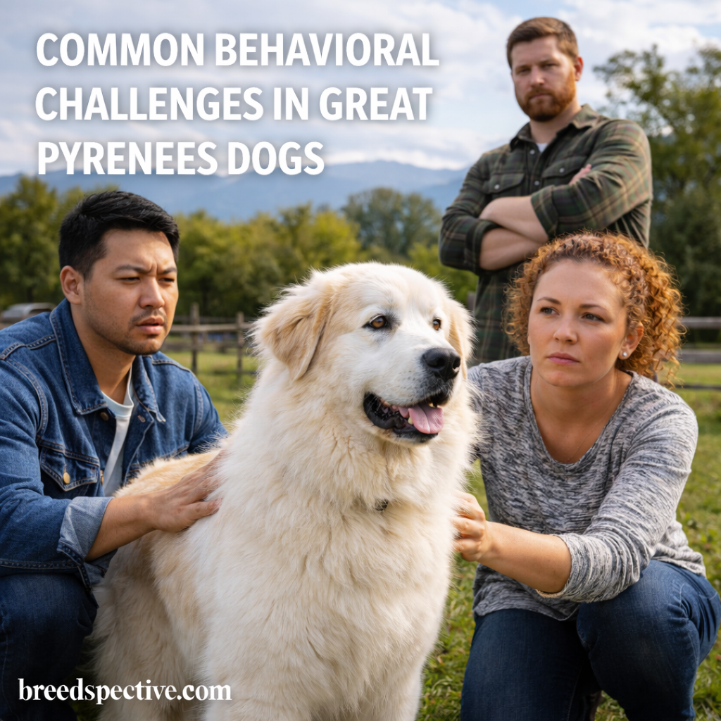 Great Pyrenees sitting outdoors with owners, illustrating common behavioral challenges such as independence and alert barking.