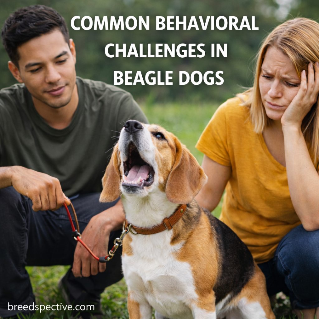 Beagle barking on a leash with owners nearby, illustrating common behavioral challenges such as vocalization and distraction.