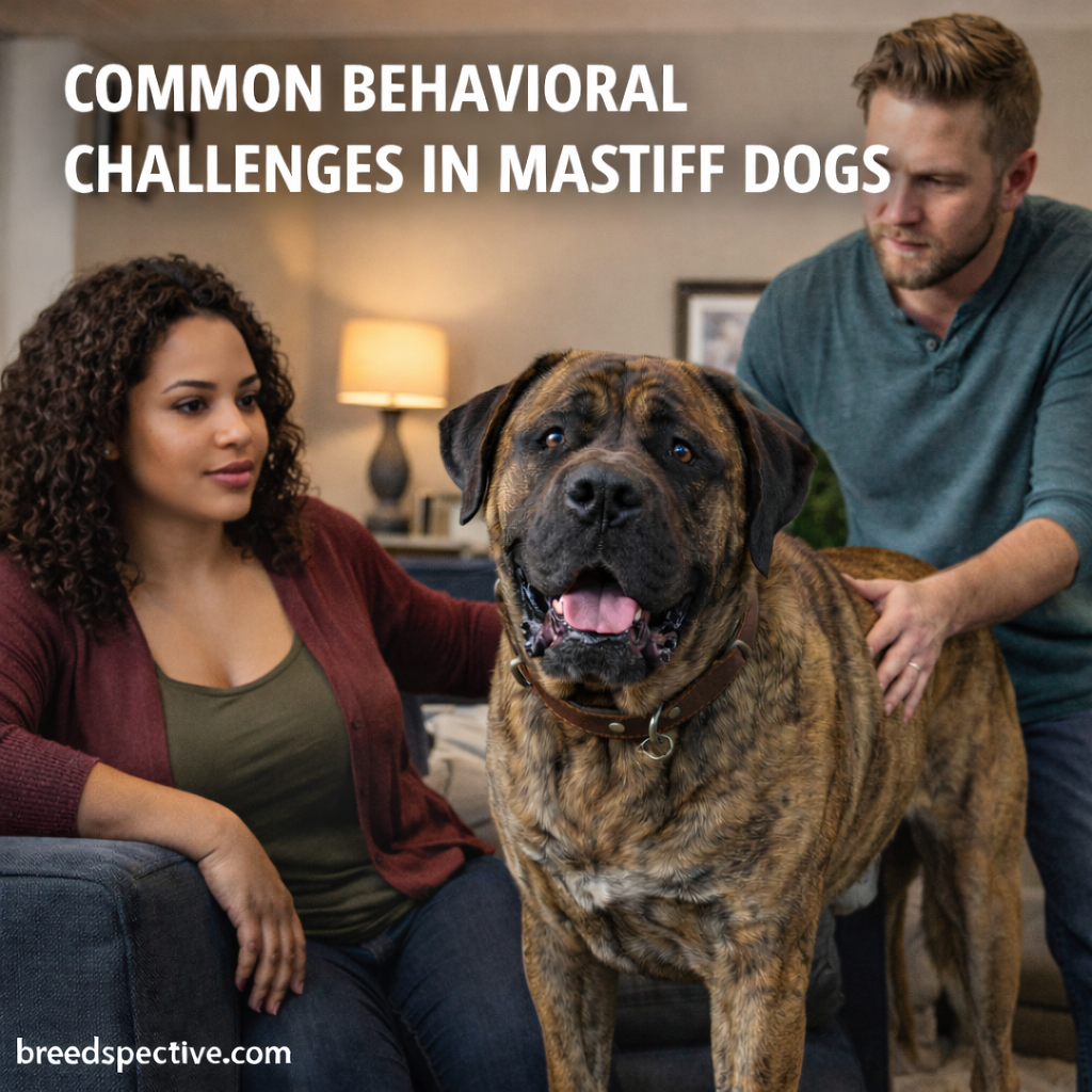 Brindle Mastiff standing indoors with owners, illustrating common behavioral challenges such as guarding instincts and size-related behavior.