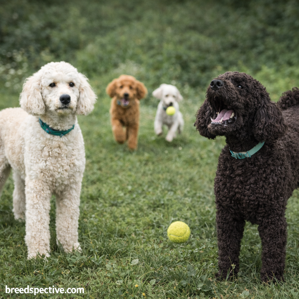 Poodles of different ages and coat colors playing and reacting outdoors, showing common behavioral challenges such as barking, overexcitement, and high energy.