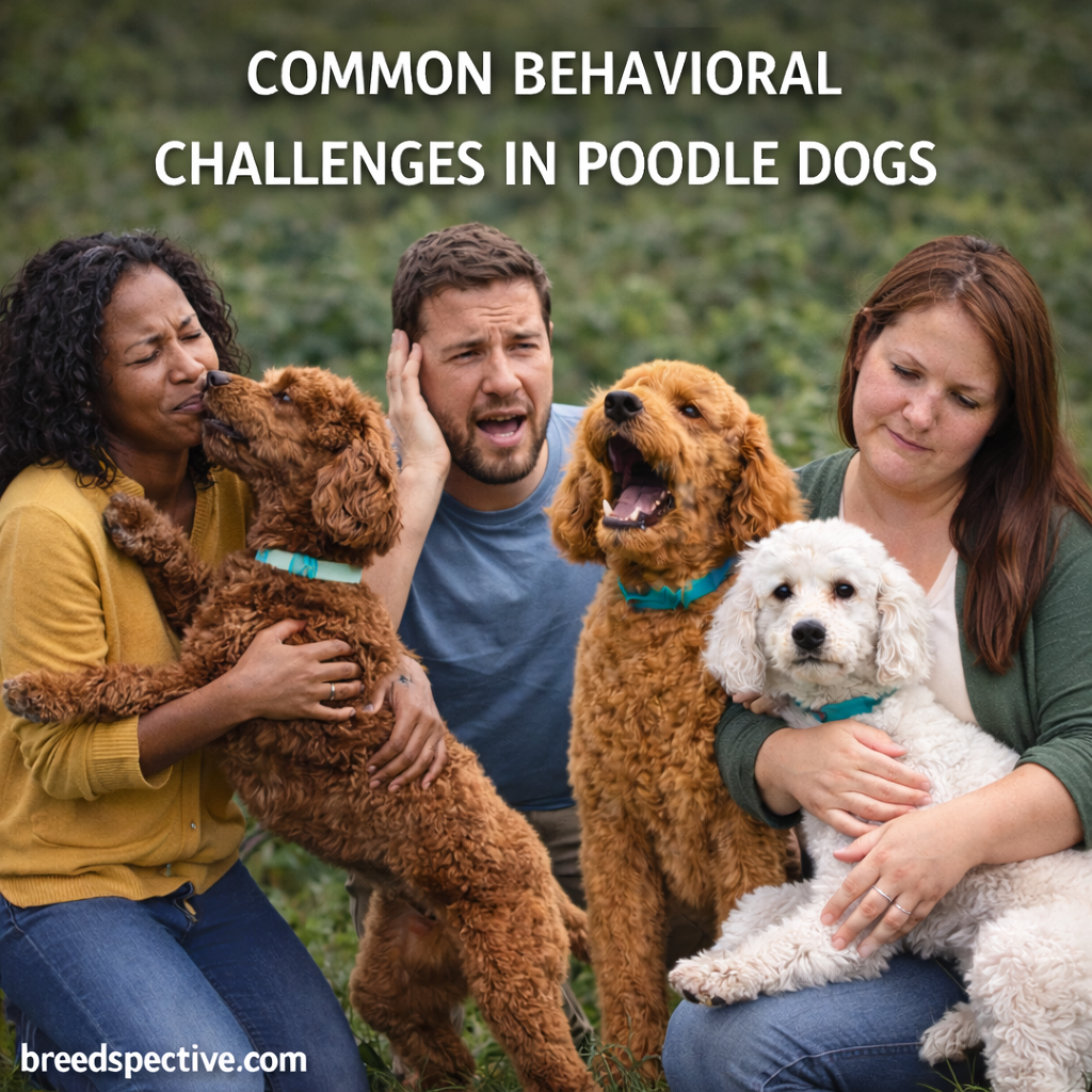 Poodles with their owners outdoors, showing common behavioral challenges such as barking, anxiety, and attention-seeking in the breed.