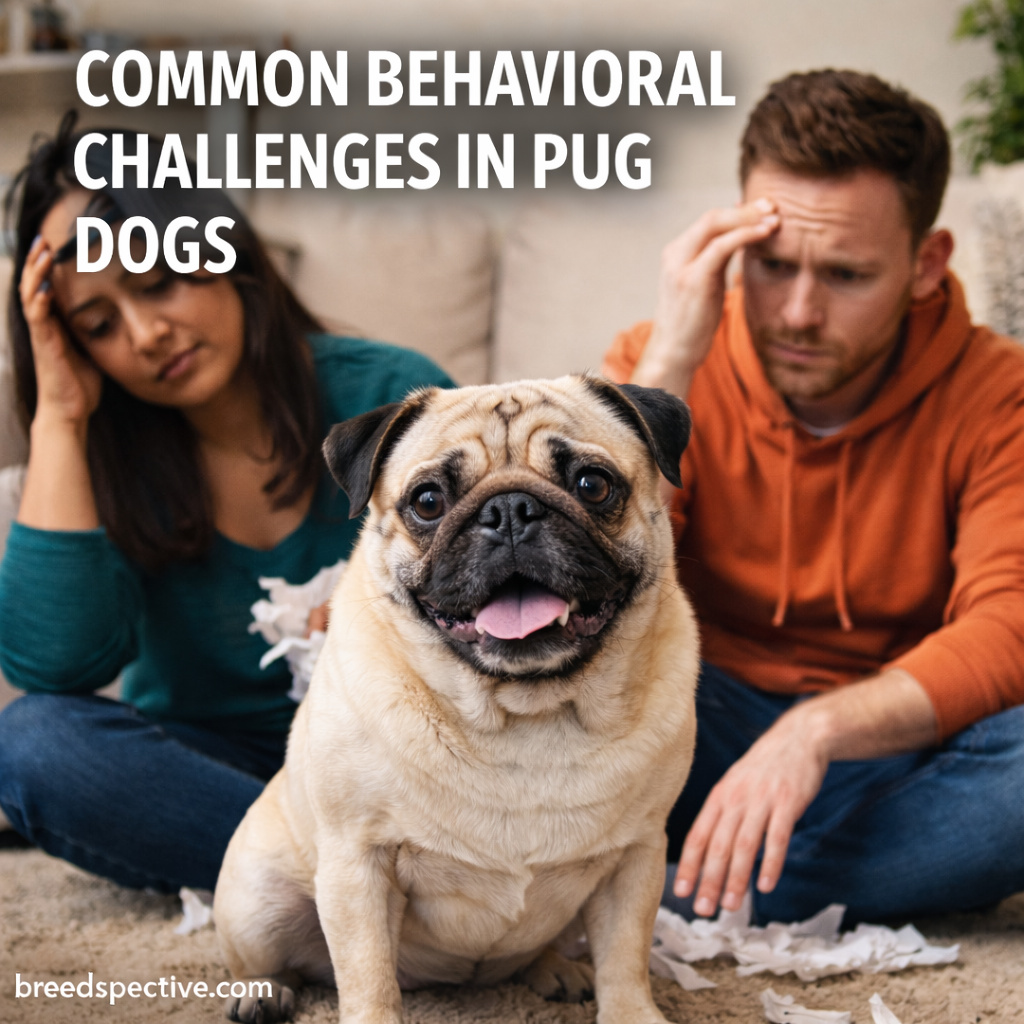 Pug sitting indoors with concerned owners, illustrating common behavioral challenges such as anxiety and attention-seeking.