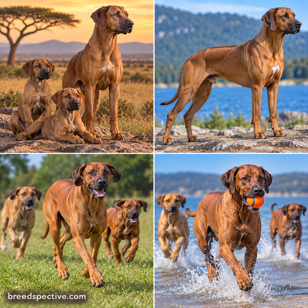 Rhodesian Ridgebacks of different ages on African grassland, displaying their powerful athletic build, running together, and playing fetch outdoors.