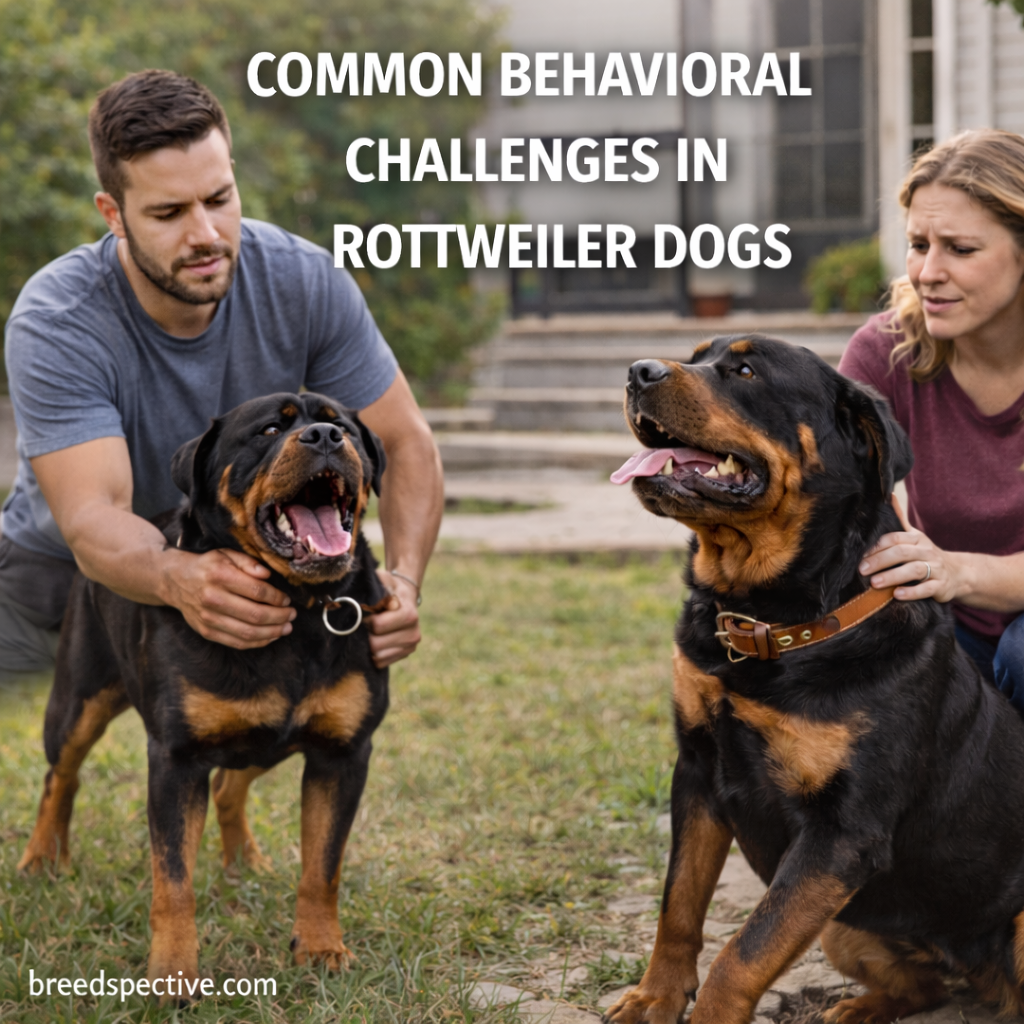 Rottweiler dogs interacting with people outdoors, illustrating common behavioral challenges such as overexcitement, guarding, and impulse control.