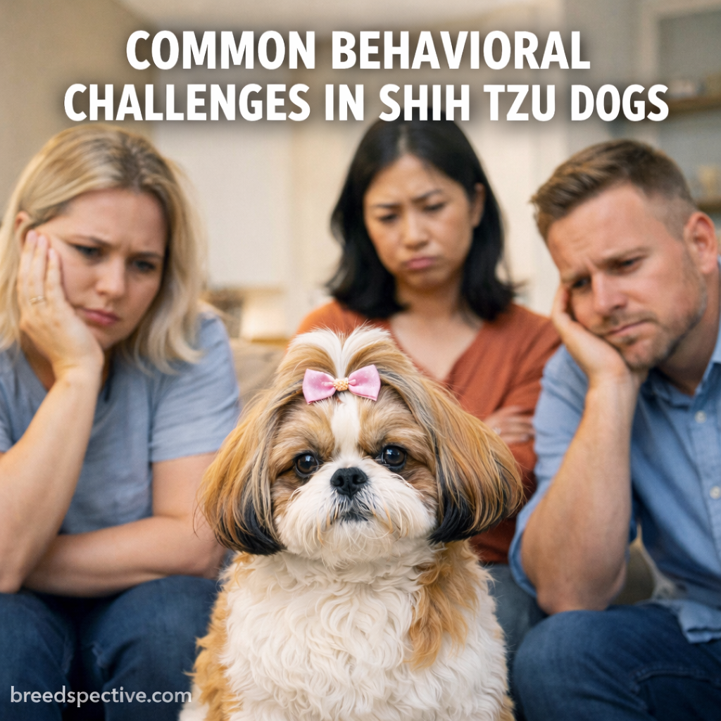 Shih Tzu sitting indoors with concerned owners, illustrating common behavioral challenges in the breed.