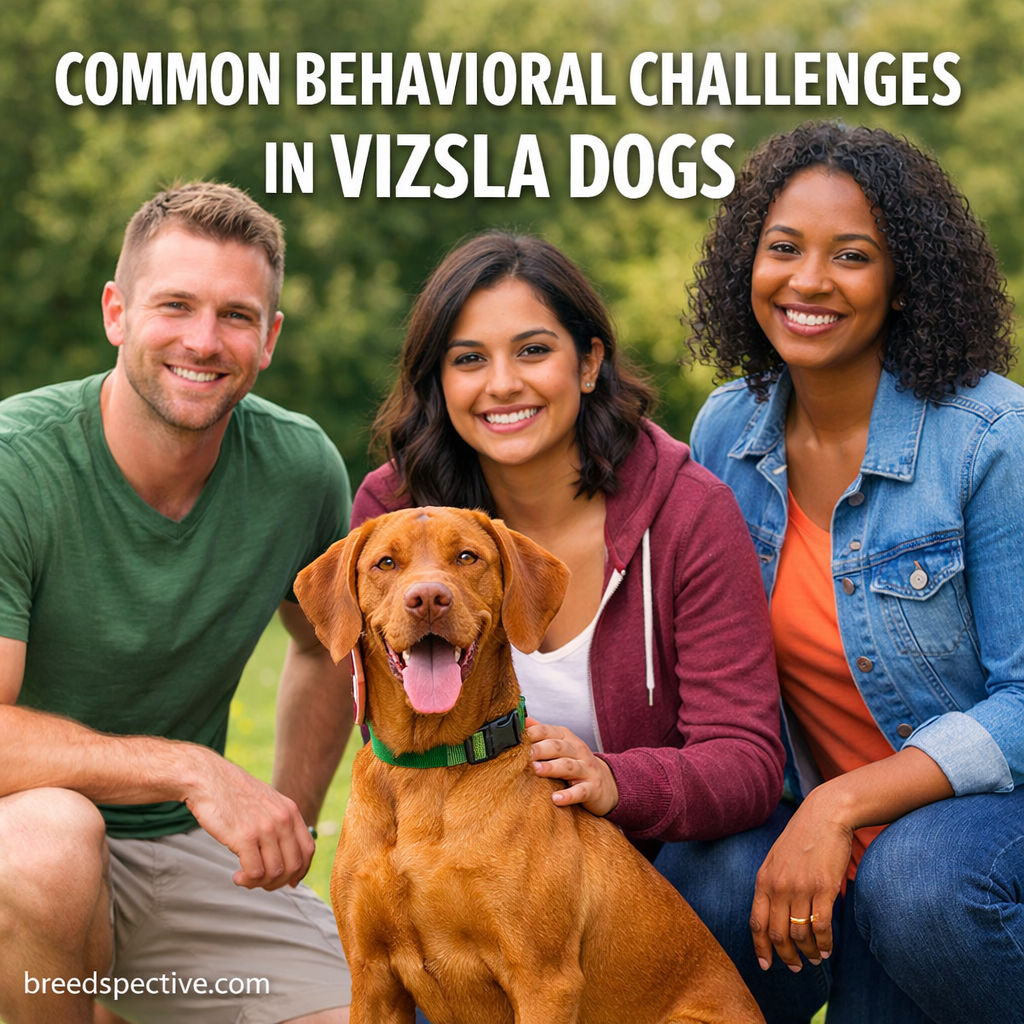 Vizsla dog with owners illustrating common behavioral challenges in Vizsla dogs.