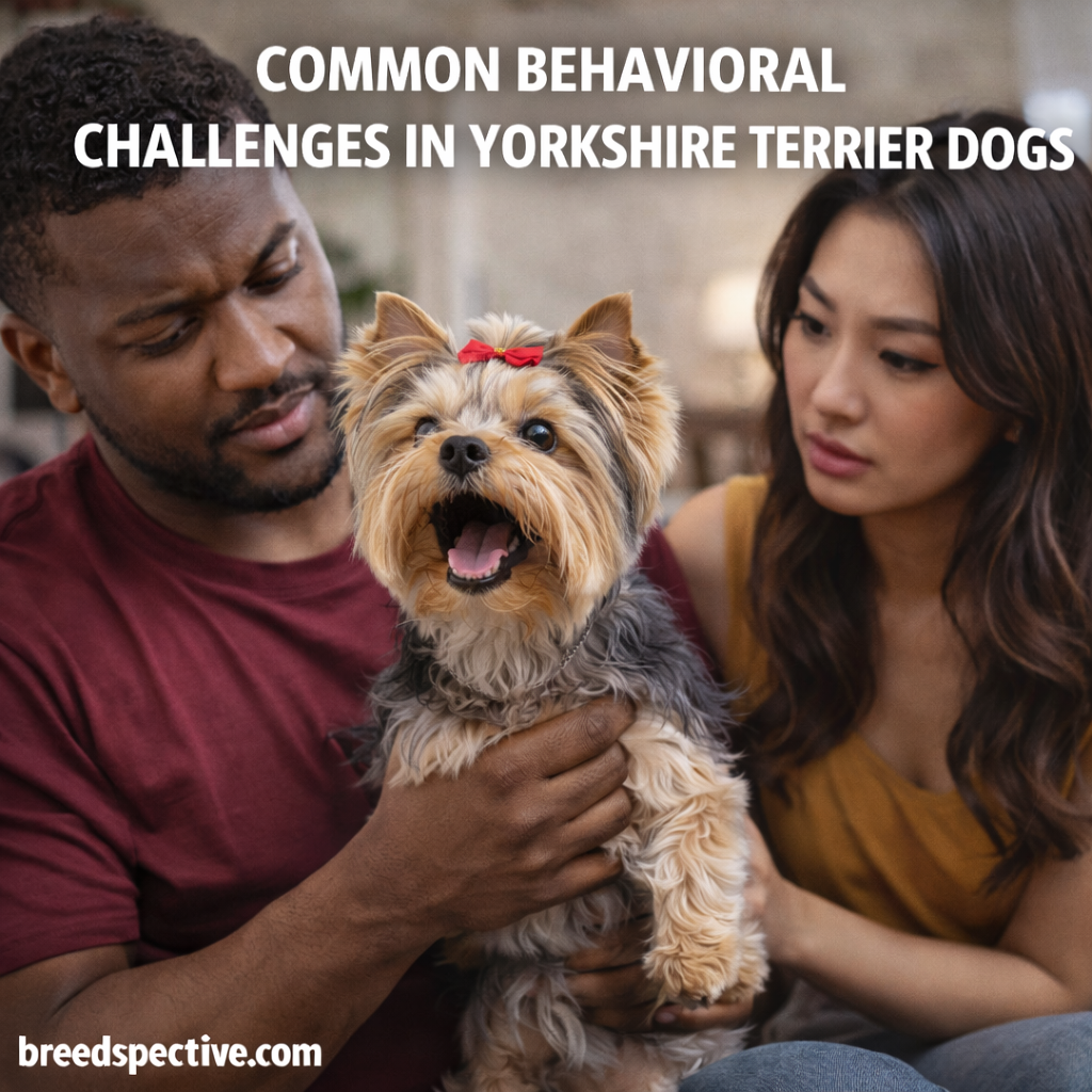 Yorkshire Terrier barking while being held by two adults indoors, illustrating common behavior challenges such as excessive barking and anxiety.