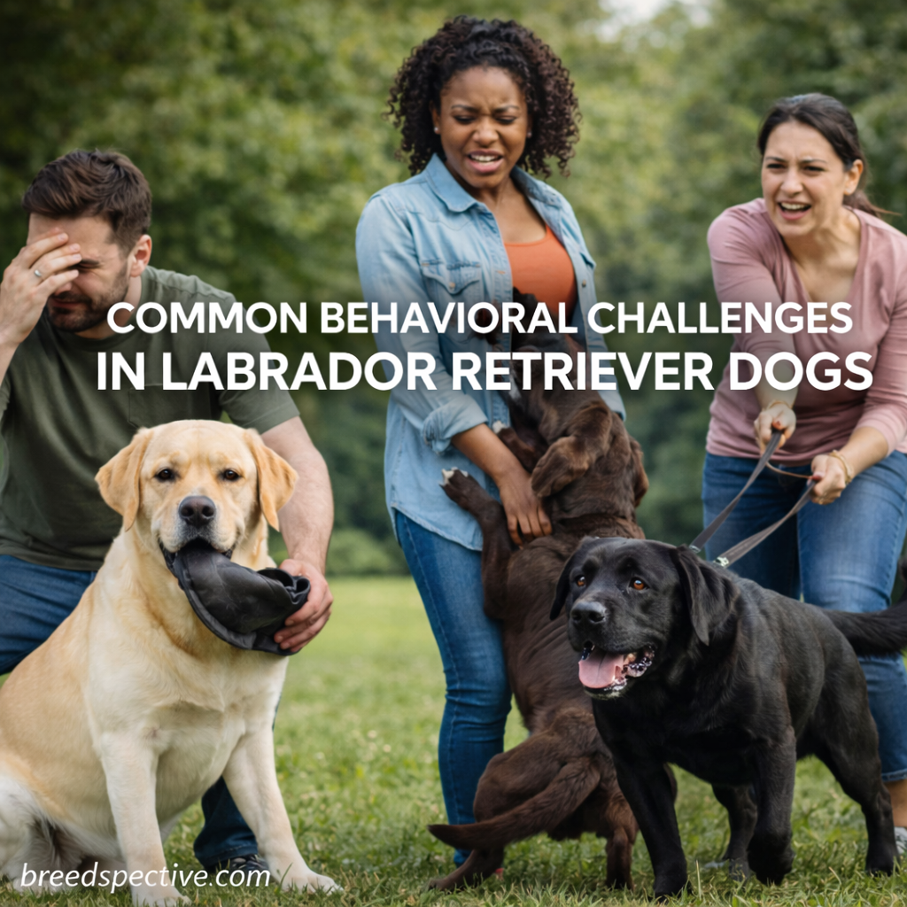 Labrador Retrievers of different coat colors displaying common behavior challenges such as chewing, pulling on the leash, and jumping while owners react outdoors.