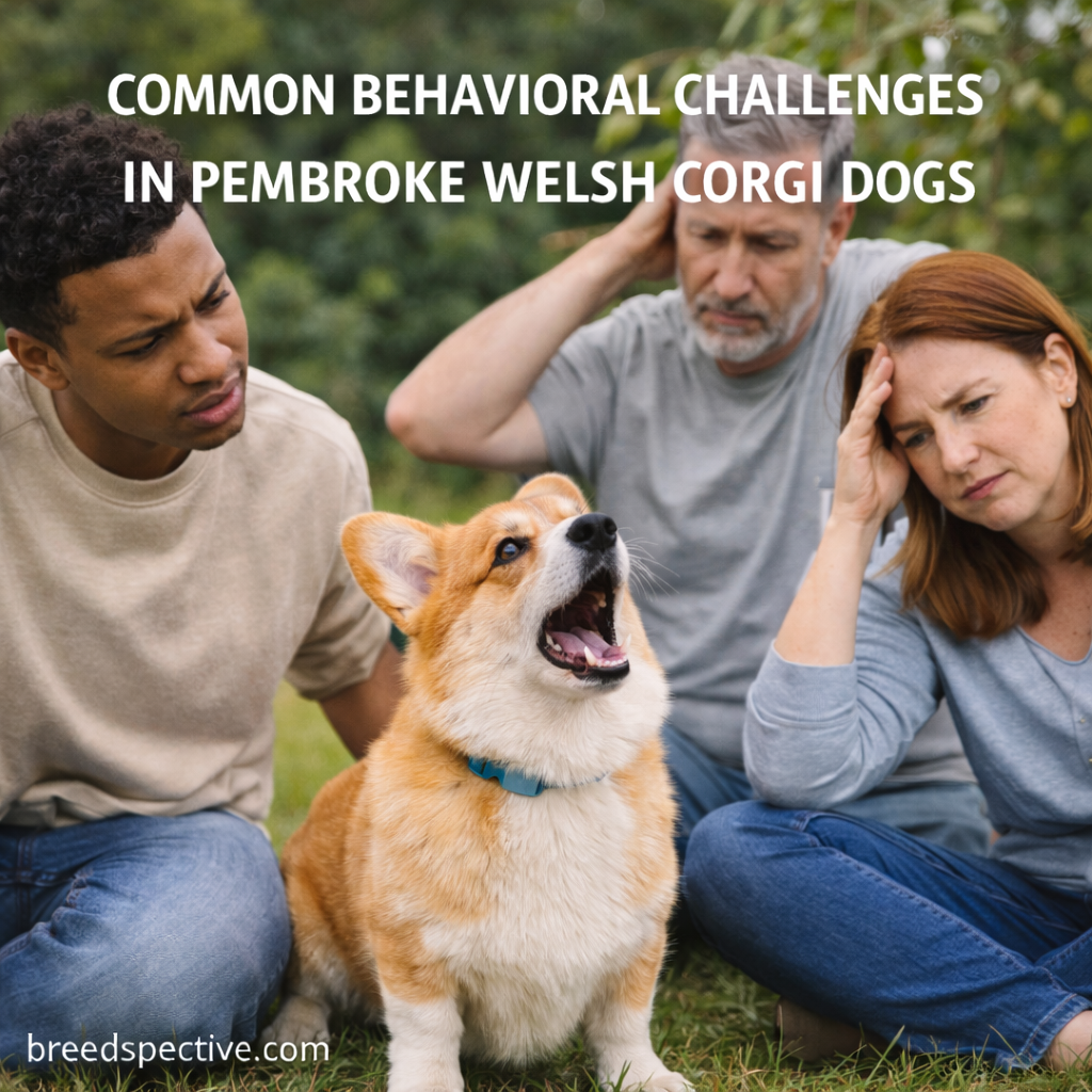 Pembroke Welsh Corgi barking while diverse owners react, illustrating common behavioral challenges such as excessive barking and frustration.