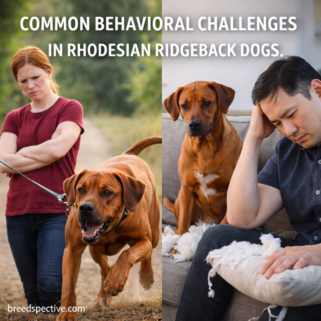 Rhodesian Ridgeback dogs with owners illustrating common behavioral challenges such as leash pulling and destructive behavior.