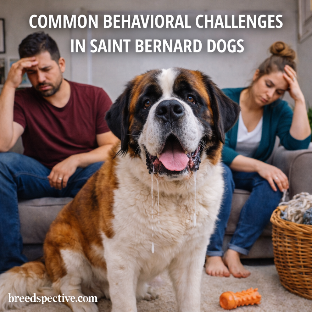 Saint Bernard sitting indoors with owners looking concerned, illustrating common behavioral challenges such as drooling and stubbornness.