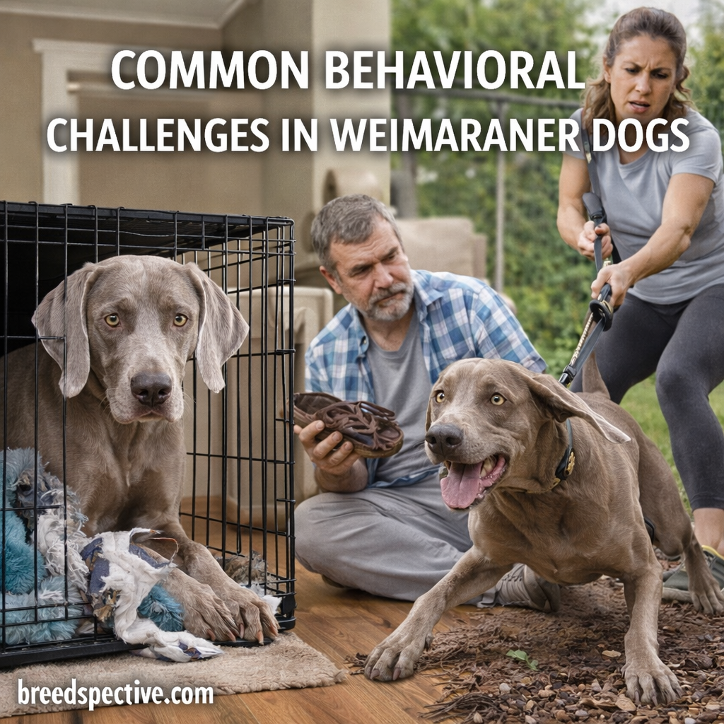 Weimaraner displaying separation anxiety and high-energy behavior with owners nearby, illustrating common behavioral challenges.