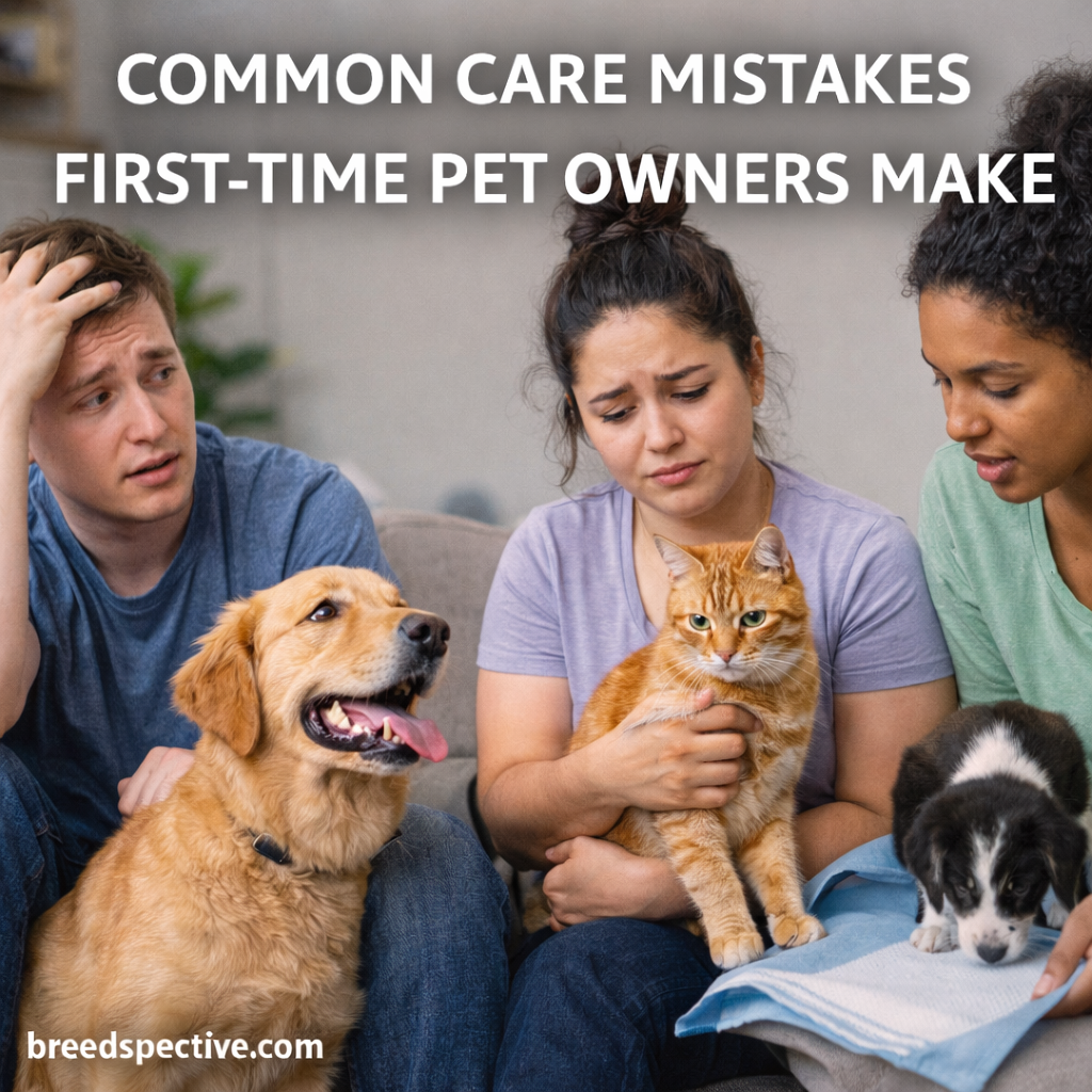 First-time pet owners with dogs and cats indoors, illustrating common care mistakes and learning challenges.