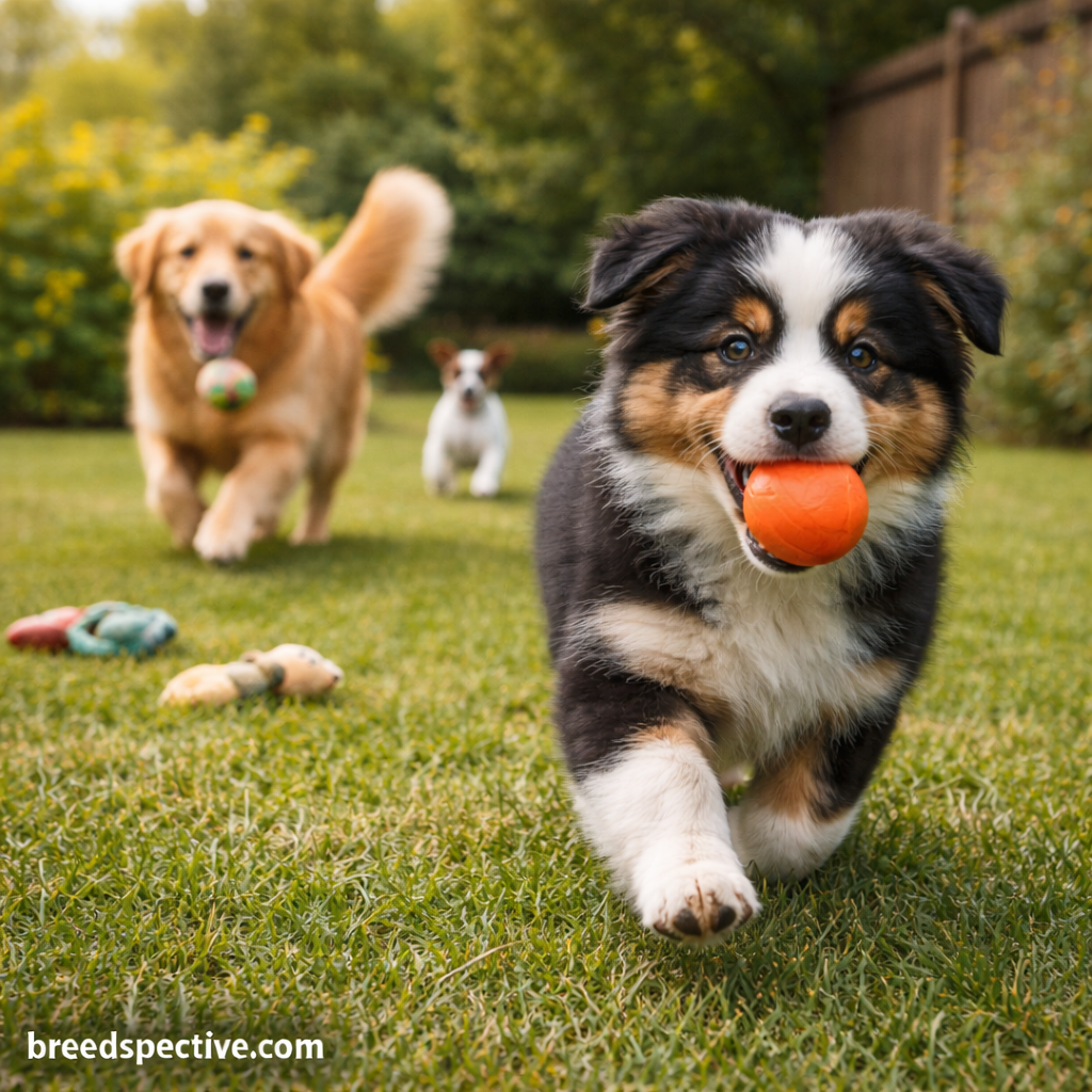 Dogs of different ages playing fetch outdoors, illustrating the importance of daily activity and mental stimulation for pets.