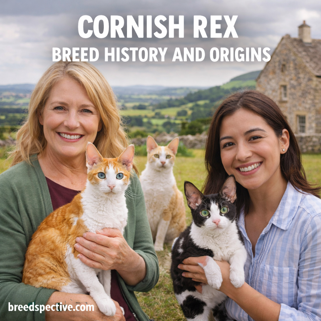 Cornish Rex cats with owners in a rural setting, representing the breed’s origins and early history in England.