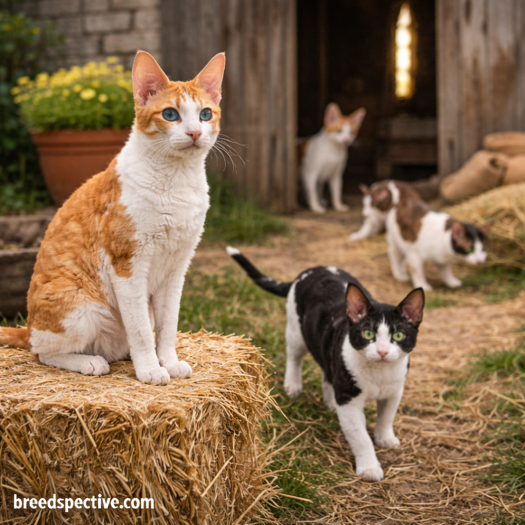 Cornish Rex cats of different ages outdoors near a farm setting, illustrating the breed’s early origins and natural development.