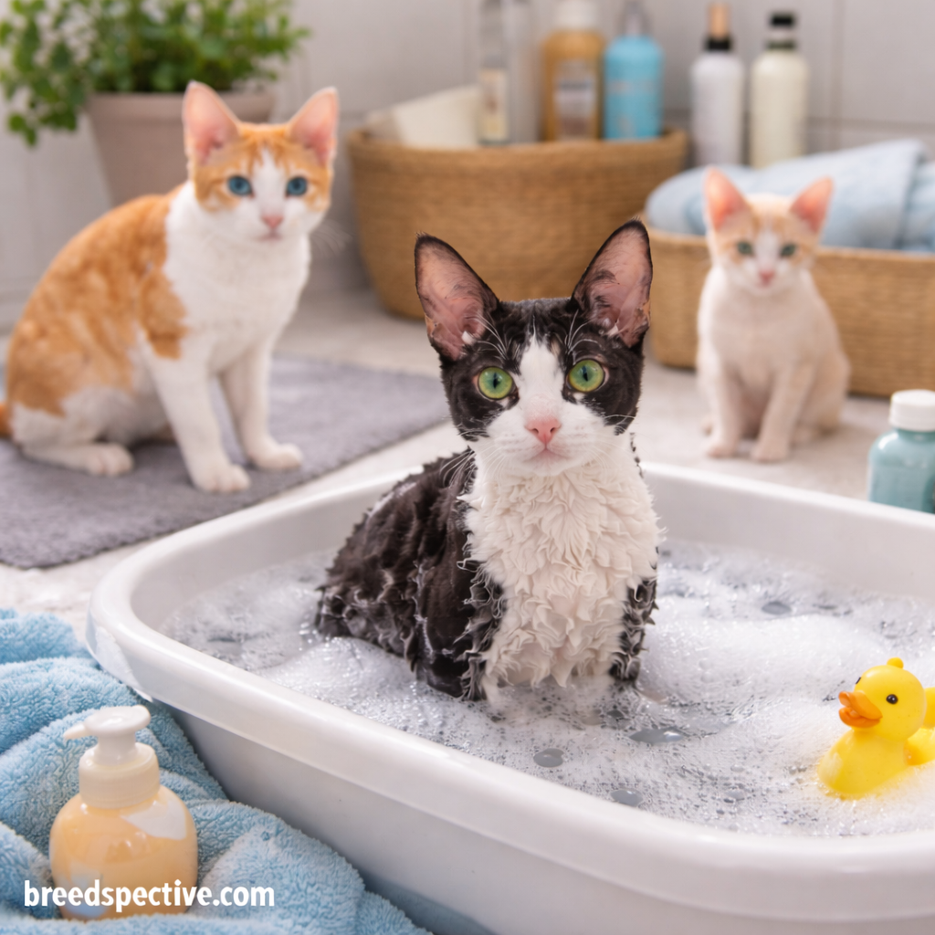Cornish Rex cats of different ages during bath time, showing proper skin and coat care for the breed.
