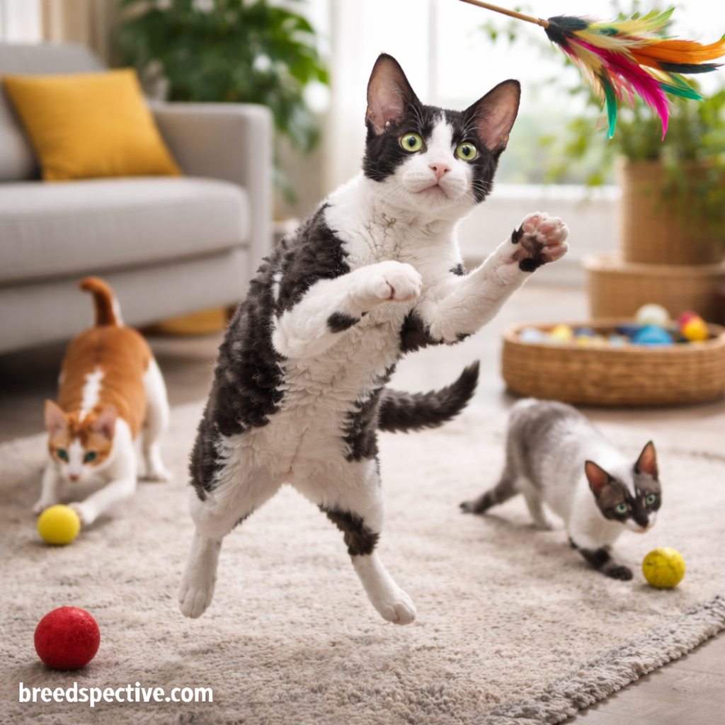 Cornish Rex cats of different ages playing indoors, showing the breed’s high energy level and active personality.