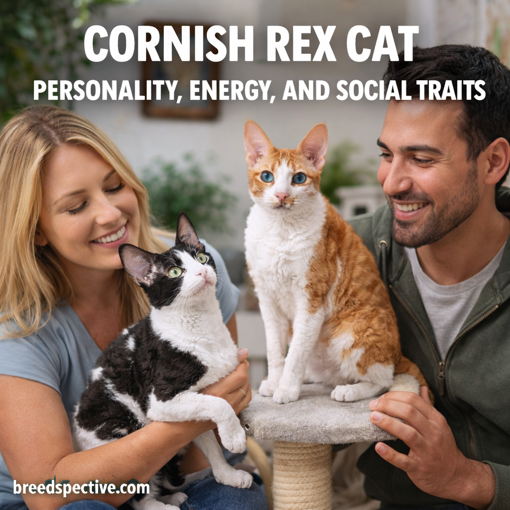 Cornish Rex cats with owners showing the breed’s affectionate personality, high energy level, and social nature.