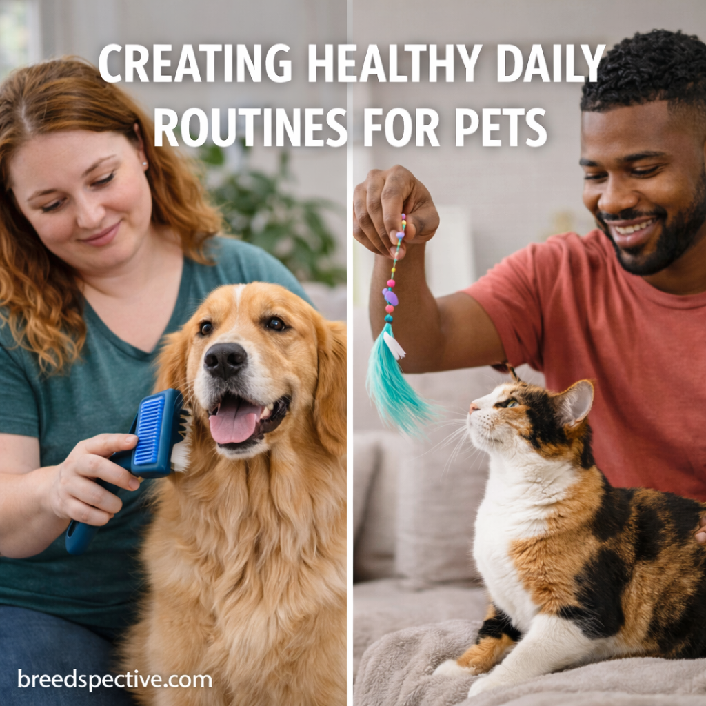 Pet owners interacting with a dog and cat, showing daily routines that support feeding, grooming, and play.