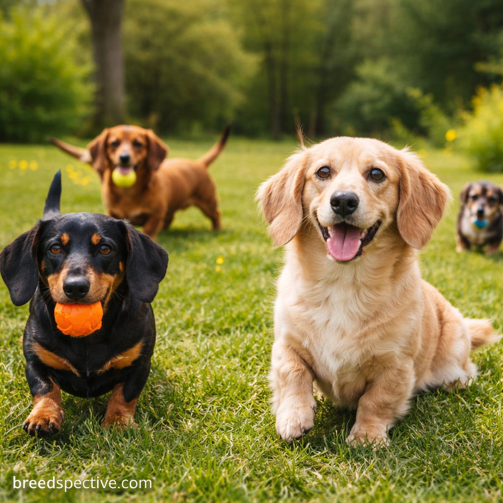 Dachshunds of different ages playing and fetching in a grassy outdoor setting, showing their energy level and activity needs.