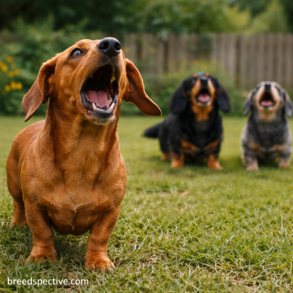 Dachshunds of different ages barking together in a grassy yard, illustrating a common behavioral challenge in the breed.