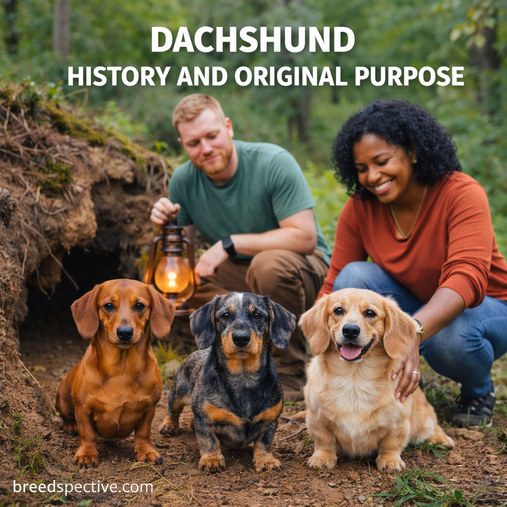 Dachshunds with diverse owners in a natural outdoor setting, representing the breed’s history and original hunting purpose.