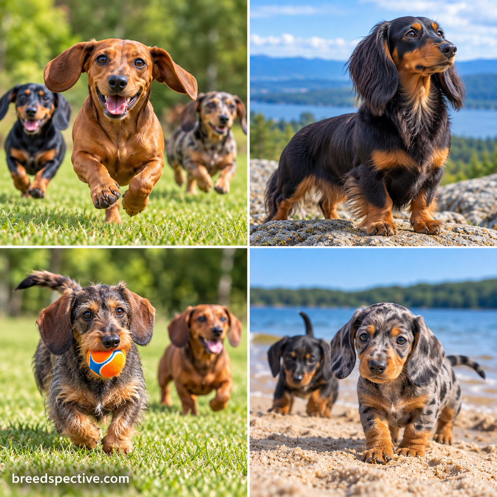 Dachshunds of different coat types and ages running, playing fetch, exploring, and enjoying outdoor activity.