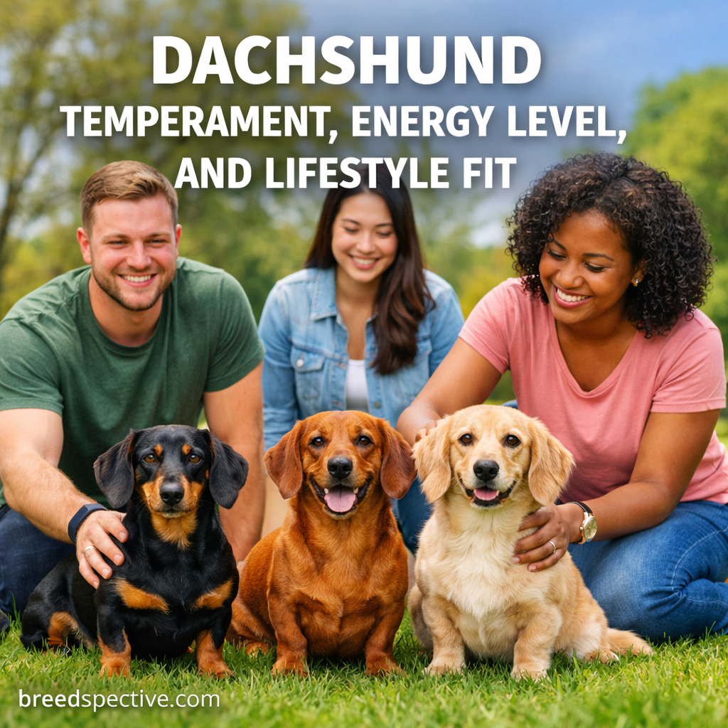 Dachshund temperament, energy level, and lifestyle fit shown with diverse owners enjoying time outdoors.