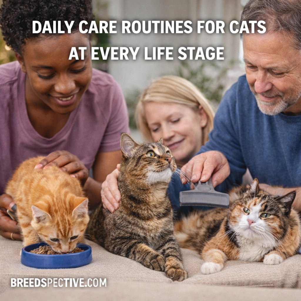 Cats at different life stages being cared for by people, showing feeding, grooming, and daily care routines.