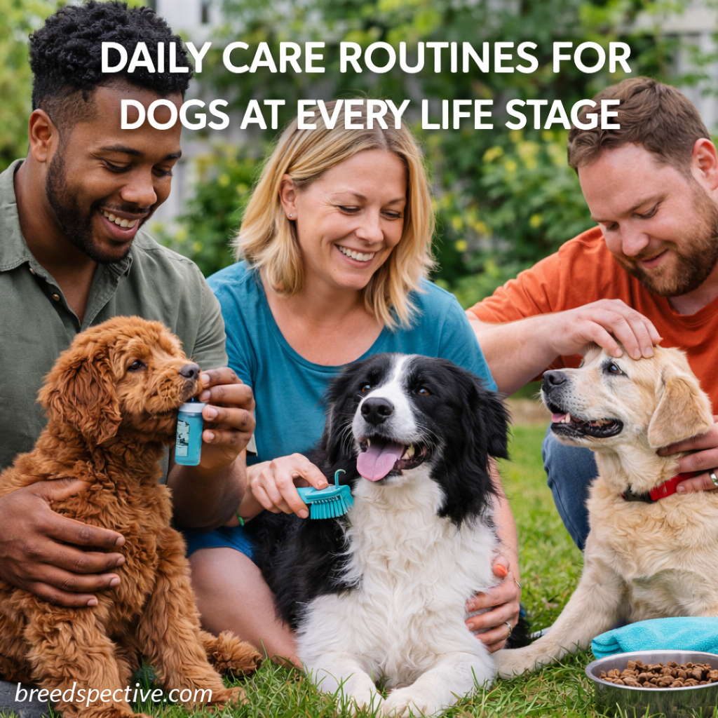 Three people caring for dogs of different ages outdoors, including a puppy, an adult dog, and a senior dog, illustrating daily care routines at every life stage.