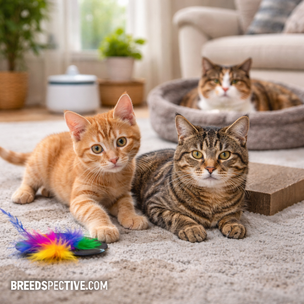 Cats of different ages relaxing and playing indoors, showing daily care routines and age-appropriate activity.