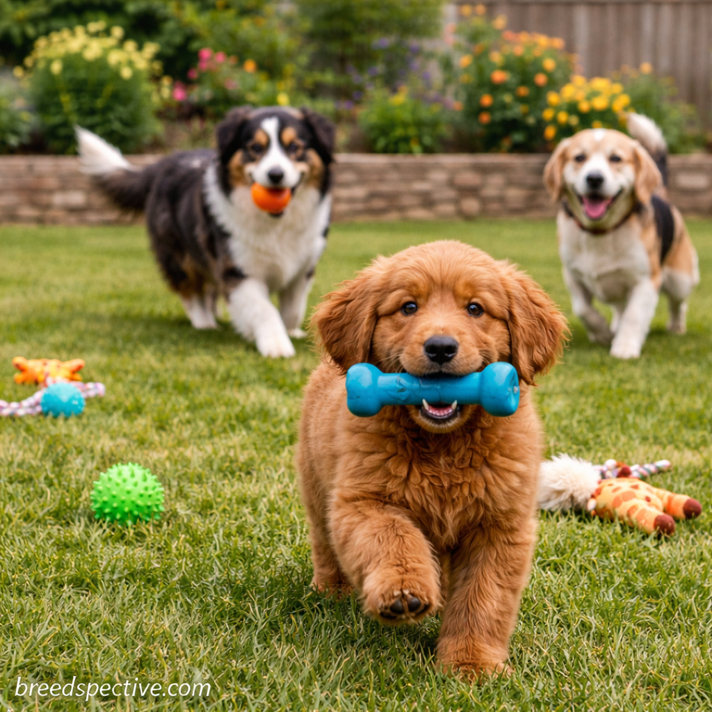 Dogs of different ages playing together in a backyard, including a puppy, an adult dog, and a senior dog, showing age-appropriate daily activity.