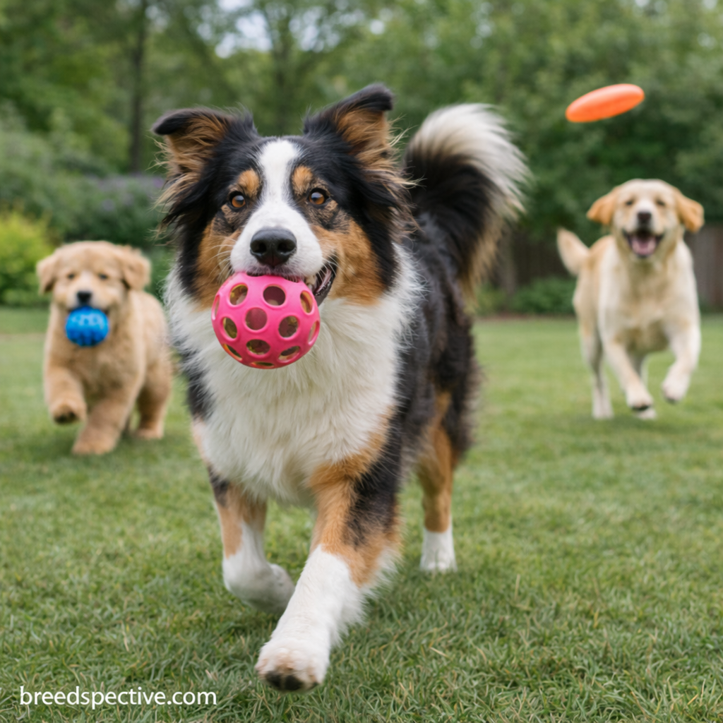 Dogs of different ages playing fetch outdoors, showing the importance of daily exercise and movement in a healthy pet routine.
