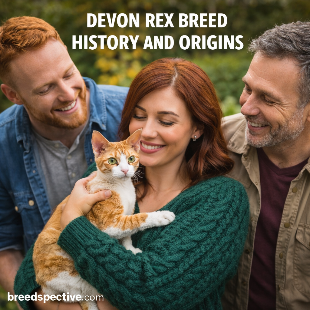 Devon Rex cat being held by adults outdoors, representing the breed’s history, origins, and close relationship with people.