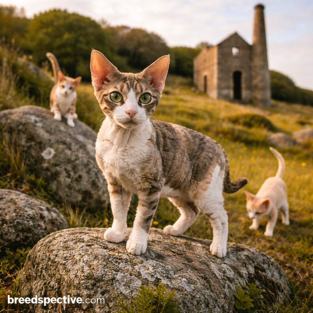 Devon Rex cats of different ages exploring a natural outdoor setting near historic ruins, representing the breed’s origins in Devon, England.