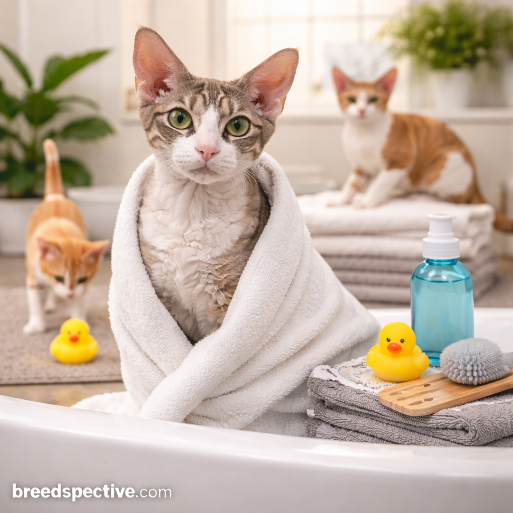 Devon Rex cats of different ages in a bathroom setting, illustrating gentle bathing and skin care needs for the breed.