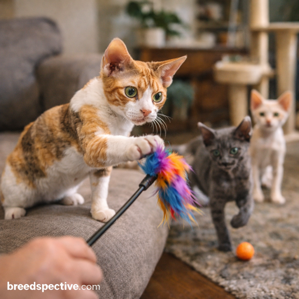Devon Rex cats of different ages playing indoors with toys, showing the breed’s high energy level and interactive play style.