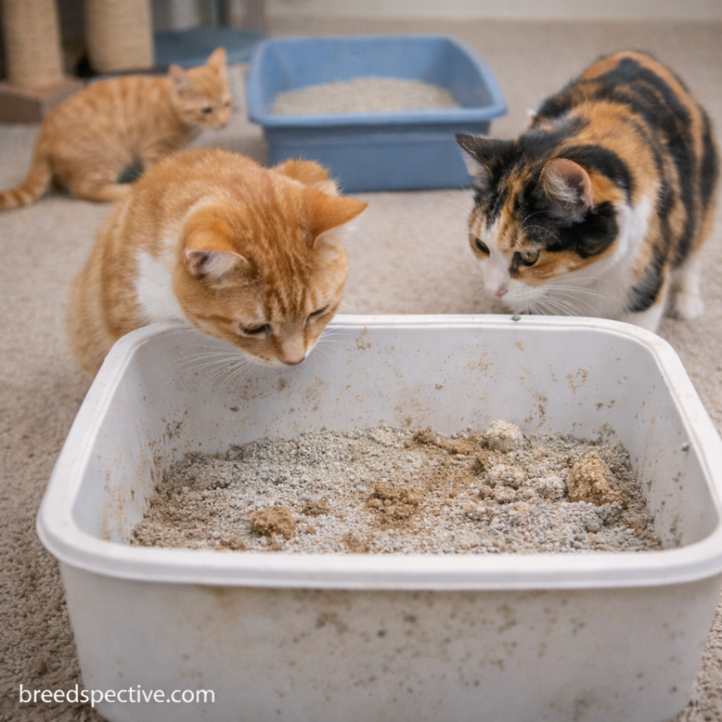 Cats inspecting a dirty litter box, illustrating how poor litter box hygiene can cause litter box avoidance.