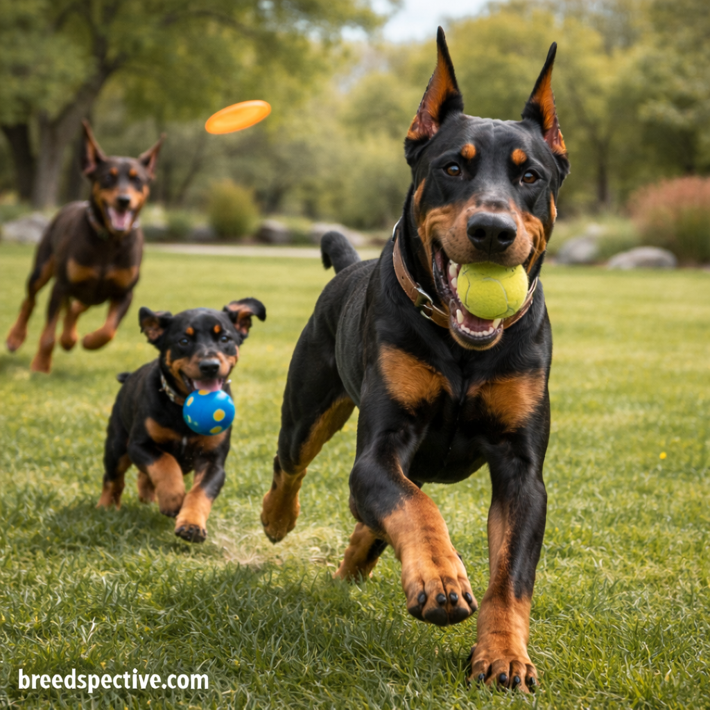 Doberman Pinschers of different ages playing outdoors, showing the breed’s high energy level and athletic nature.