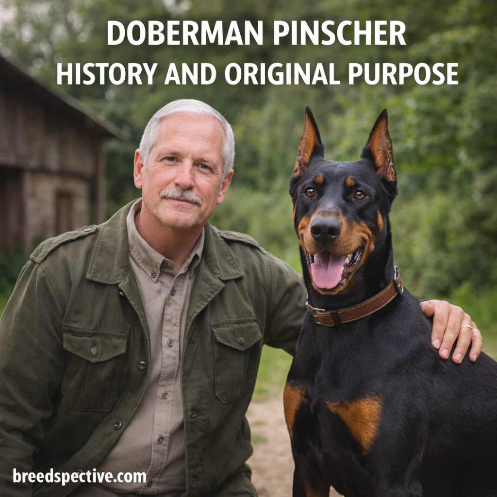 Doberman Pinscher with owner in a rural setting, representing the breed’s history and original role as a personal protection dog.