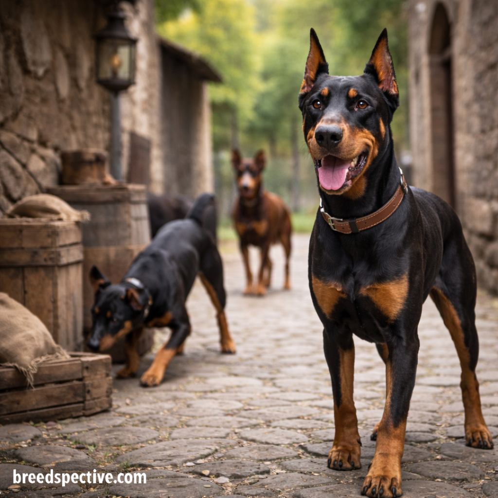 Doberman Pinschers of different ages patrolling a historic setting, illustrating the breed’s original purpose as a personal protection and guarding dog.