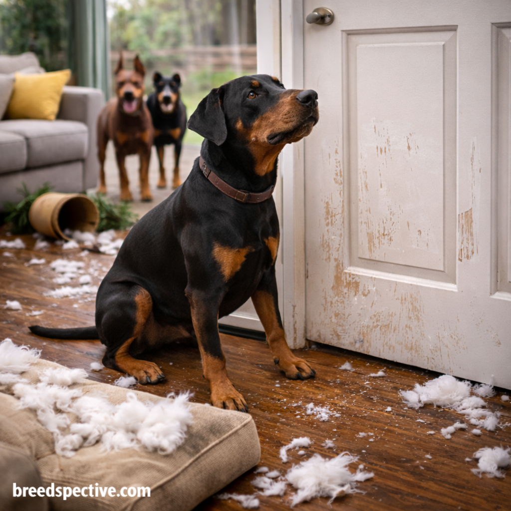 Doberman Pinscher showing separation anxiety indoors with scratched door, torn bedding, and signs of distress.
