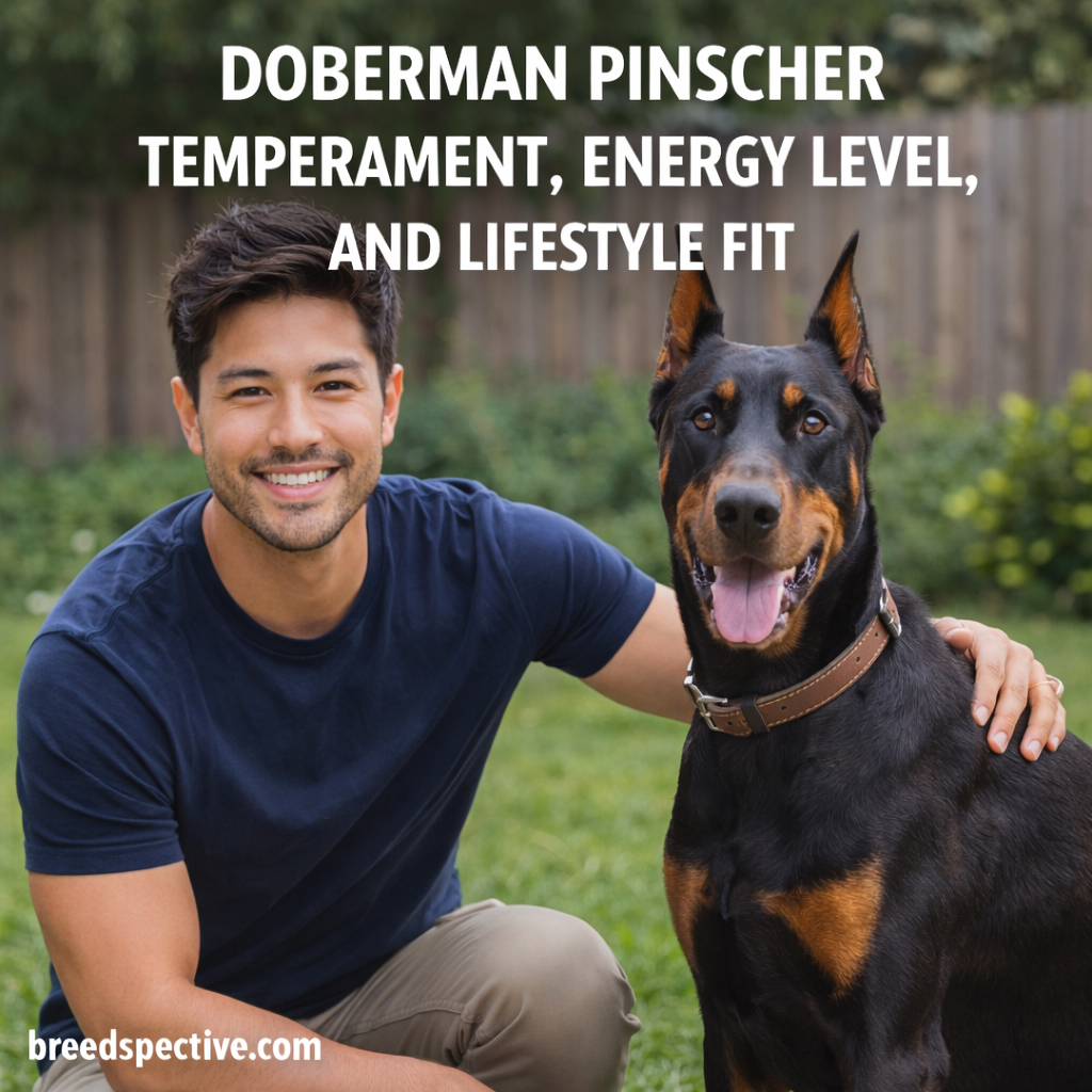 Doberman Pinscher with owner outdoors, illustrating the breed’s loyal temperament, high energy level, and active lifestyle fit.